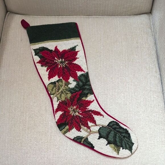 Vintage Wool Needlepoint Poinsettia Christmas Stocking Red Velvet Cotton Backing - Picture 1 of 10